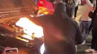 Low IQ Illegal Aliens light themselves on FIRE after dousing Jeep with gasoline