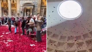 Spectacular Tradition of Rose Petals Fluttering Down the Oculus of the Pantheon for Pentecost.