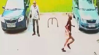 Man lights Himself on Fire and goes Jogging, runs right past Girl on Scooter