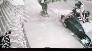 Quick thinking Kids jump on top of Car to Avoid Pitbull. Pitbull never gives up