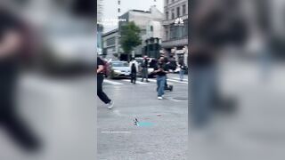 Female Anti-ICE rioter get rammed and run over by a car in LA after attacking vehicle