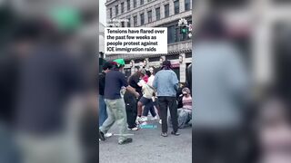 Female Anti-ICE rioter get rammed and run over by a car in LA after attacking vehicle