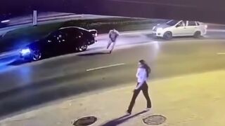 Why? Man literally tries to Outrun Car, 150 Feet he Flies, a Nice Vintage Car Model too (Slow Motion Added)