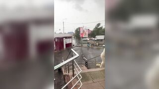 Brick balcony hits Woman during Hurricane (Slow Motion Added)