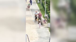Dad knocks out Granny for touching Son's Baseball Cap