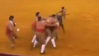 Bullfighter first time results in Death. Bull makes Bowling Pins out of these Guys