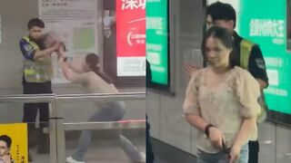 Crazy Chinese Girl Randomly Attacks Female and Male Subway Security until she fakes Death