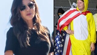 DHS Secretary Kristi Noem stares down group of Antifa and a guy in a chicken suit