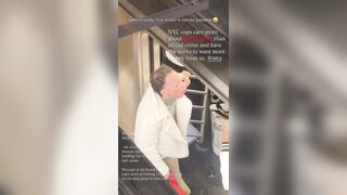 Woman grew tired of a man in a wig holding up the train