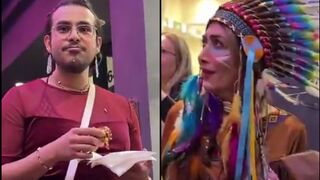 A man dressed as a woman attacks a woman dressed as a native American