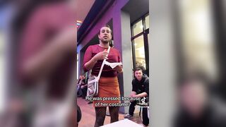 A man dressed as a woman attacks a woman dressed as a native American