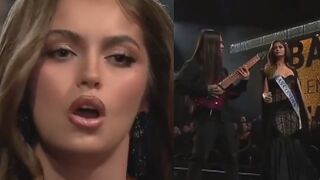 A candidate for Miss World Chile sings some death metal during the pageant semifinals