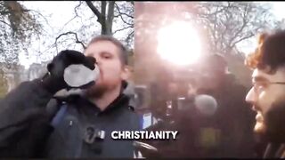 A Muslim asks a Christian man about the Crusades in the Middle Ages.