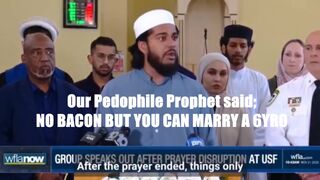 Islamist scum cries like a child because a patriot ate bacon outside the mosque