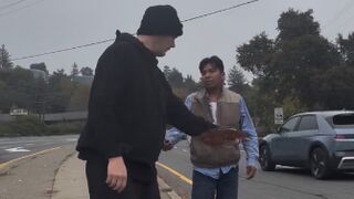 A panhandler confronts Mexican flower vendors in California
