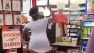 A fatigued white cashier breaks it down to a violent black customer