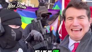 Alex Stein trolls a drag queen story hour protest, mocking masked counter-protesters