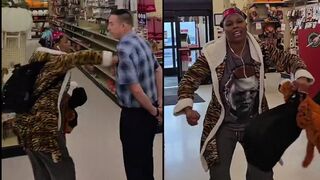 This black woman threatens the life of this man who is trying to kick her out of sto