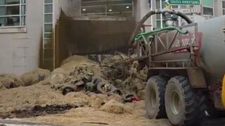 French Farmers show the Government what they really think of them as they spray one of the Govt buildings in manure.