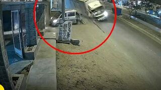 Runaway truck crashes into a van.